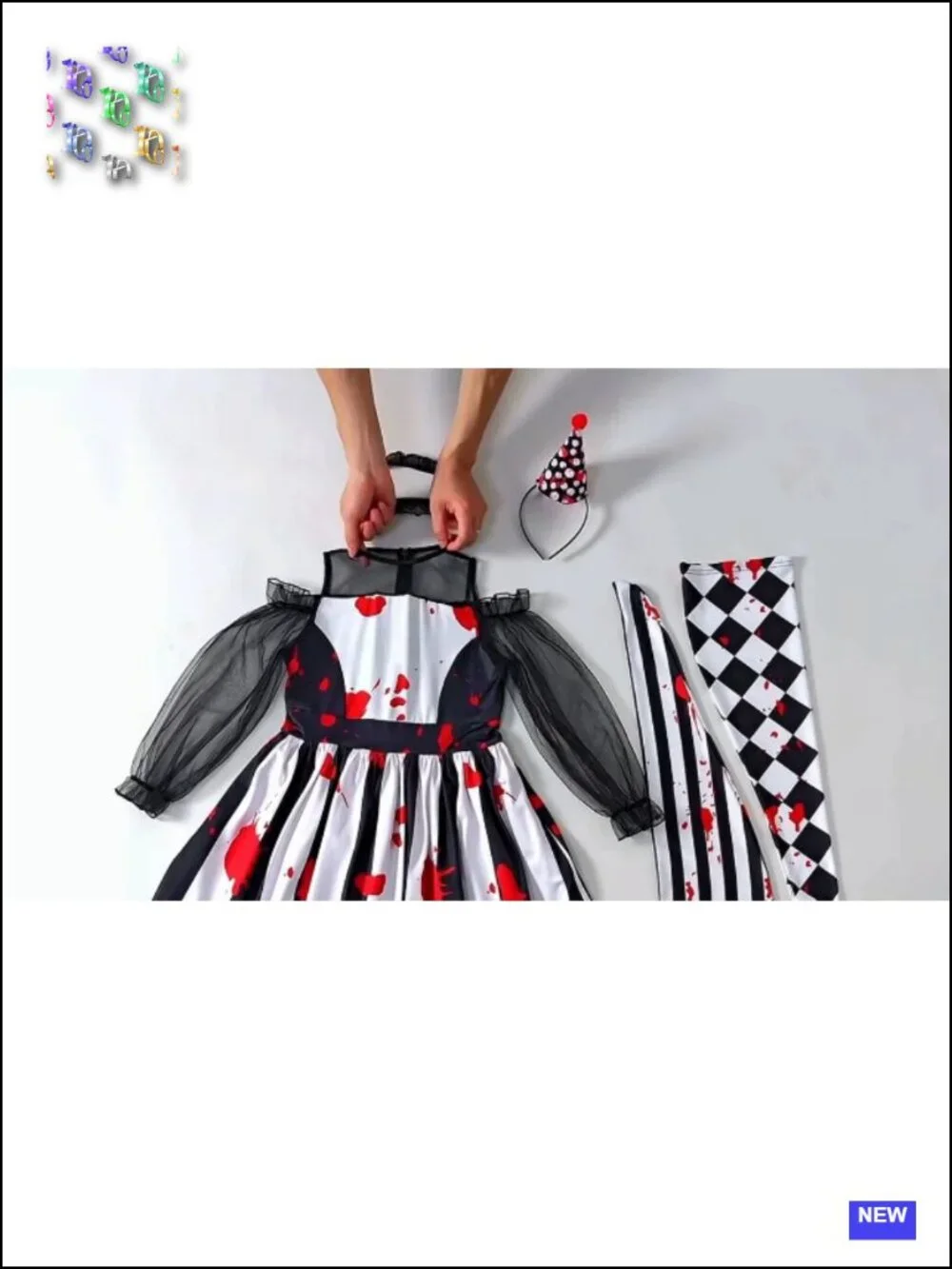 Scary Clown Costume Set for Girls Halloween Horror Dress with Hat Necklace Socks